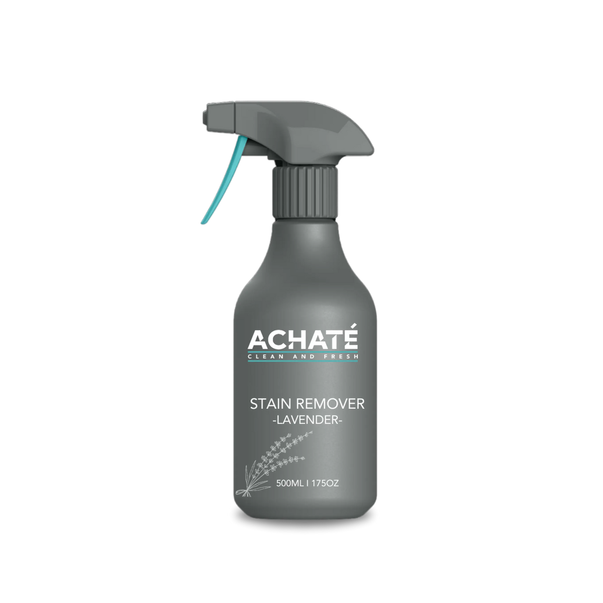 Gray spray bottle of Achate lavender-scented stain remover with a trigger nozzle and minimalist label design.