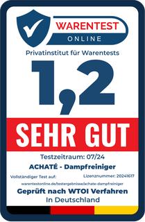 Certification badge from a German private institute showing a rating of 1.2 labeled "Sehr Gut" for steam cleaners, with test date 07/24 and licensing information.
