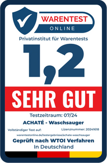 Certification label from Warentest Online showing a rating of 1.2 with "sehr gut" (very good) in German, indicating high performance tested in Germany.
